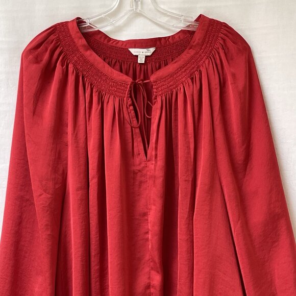 Lucky Brand Womens 3X Plus Blouse Top Red Satin V Neck Long Sleeves Tie Front - Picture 2 of 9
